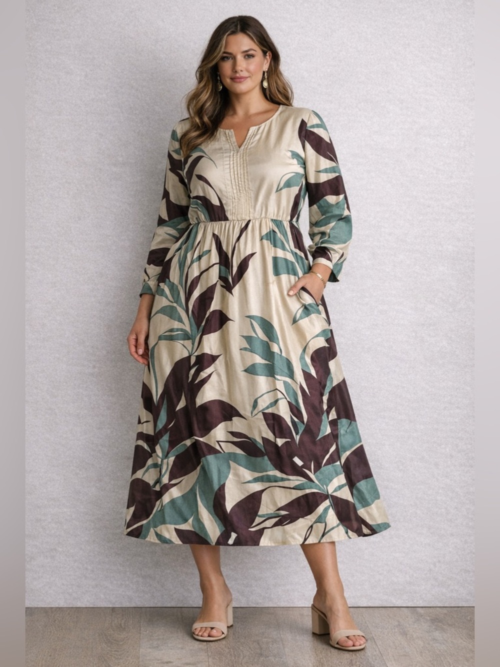 Chepè Tropical Leaf Print Midi Dress Italian Designer Cotton Viscose Pocket L